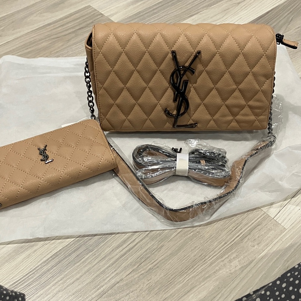 Quilted Shoulder Bag and Wallet Set - Tan